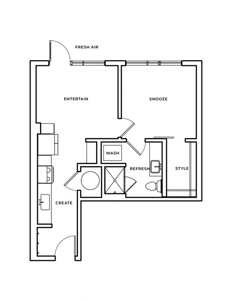 Floor plan for 1 bed, 1 bath, 553 sqft